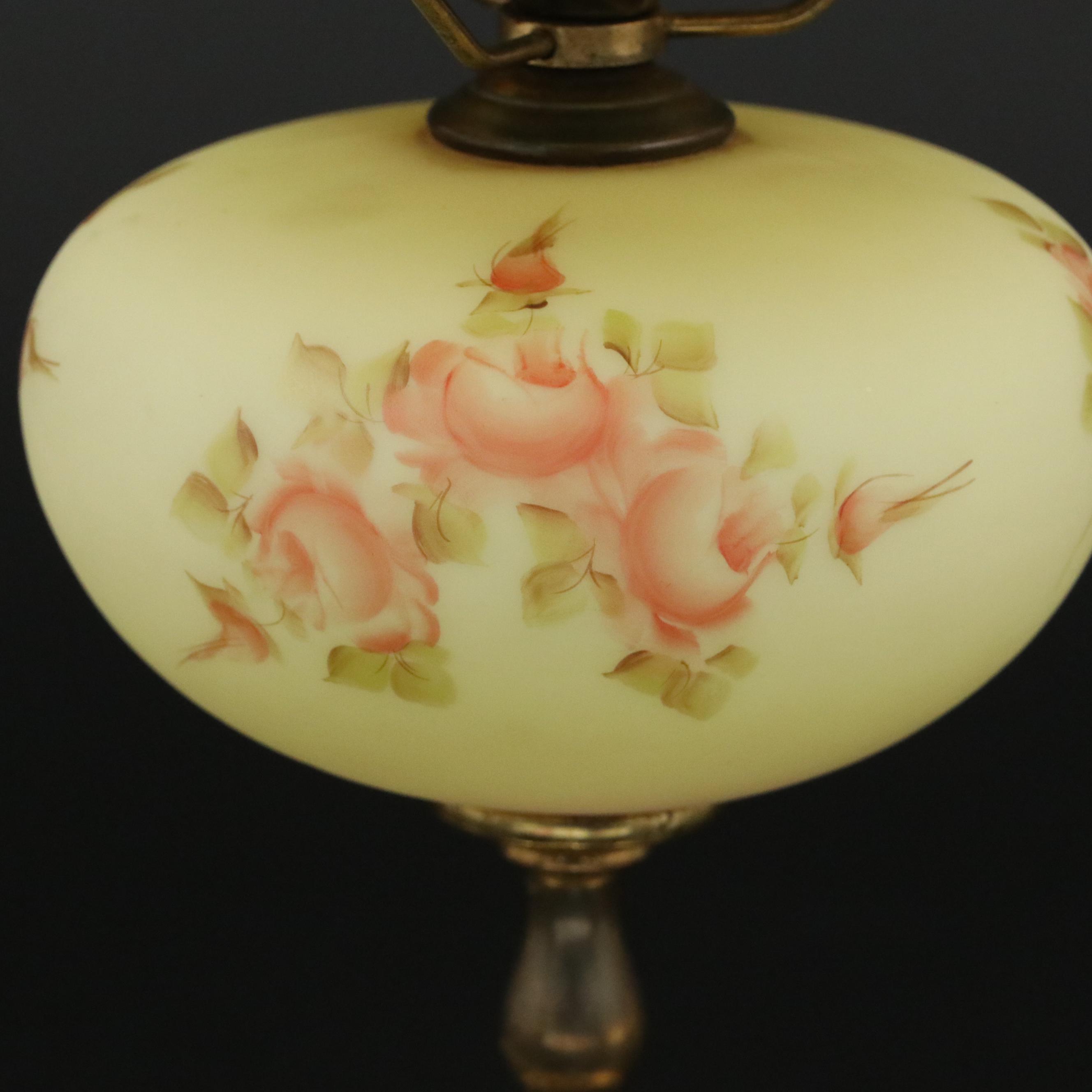 Fenton Burmese Hand-Painted "Rose" Custard Glass Student Lamp, Mid/ Late 20th C