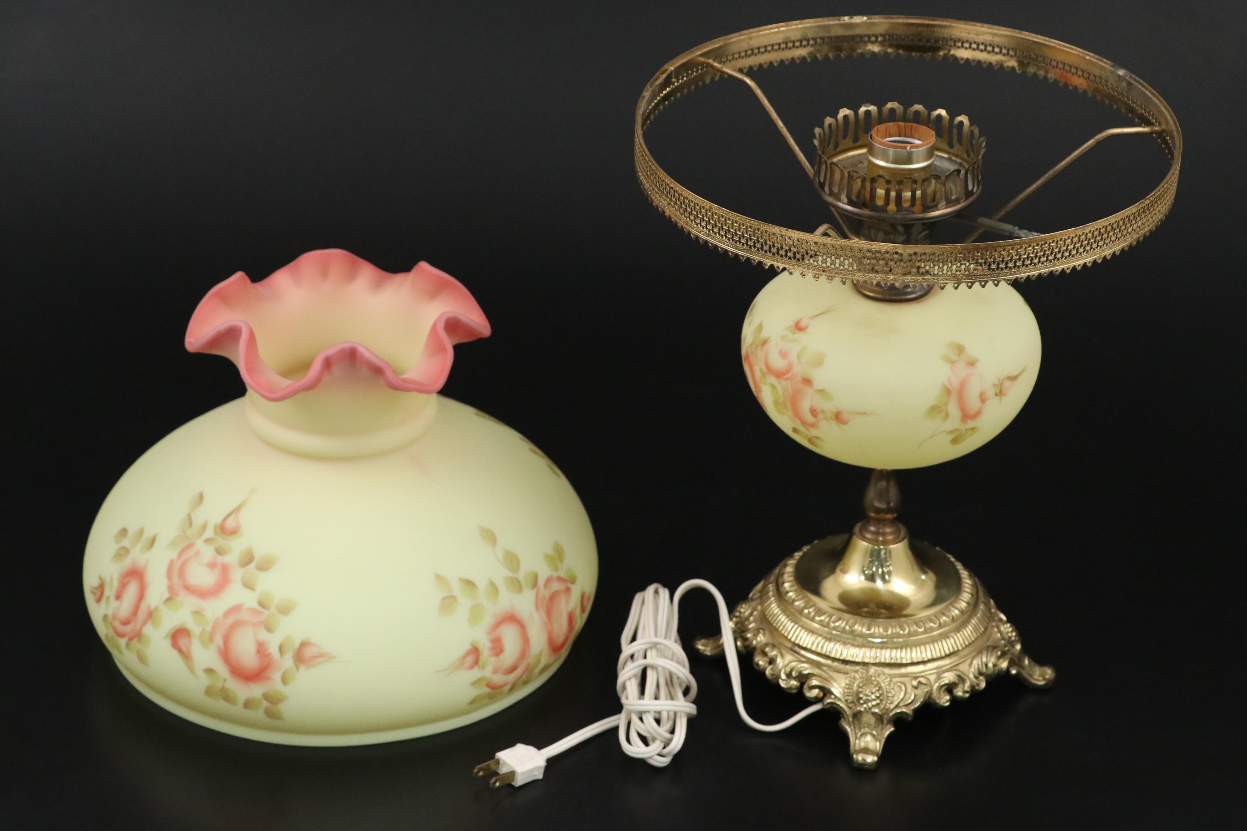 Fenton Burmese Hand-Painted "Rose" Custard Glass Student Lamp, Mid/ Late 20th C
