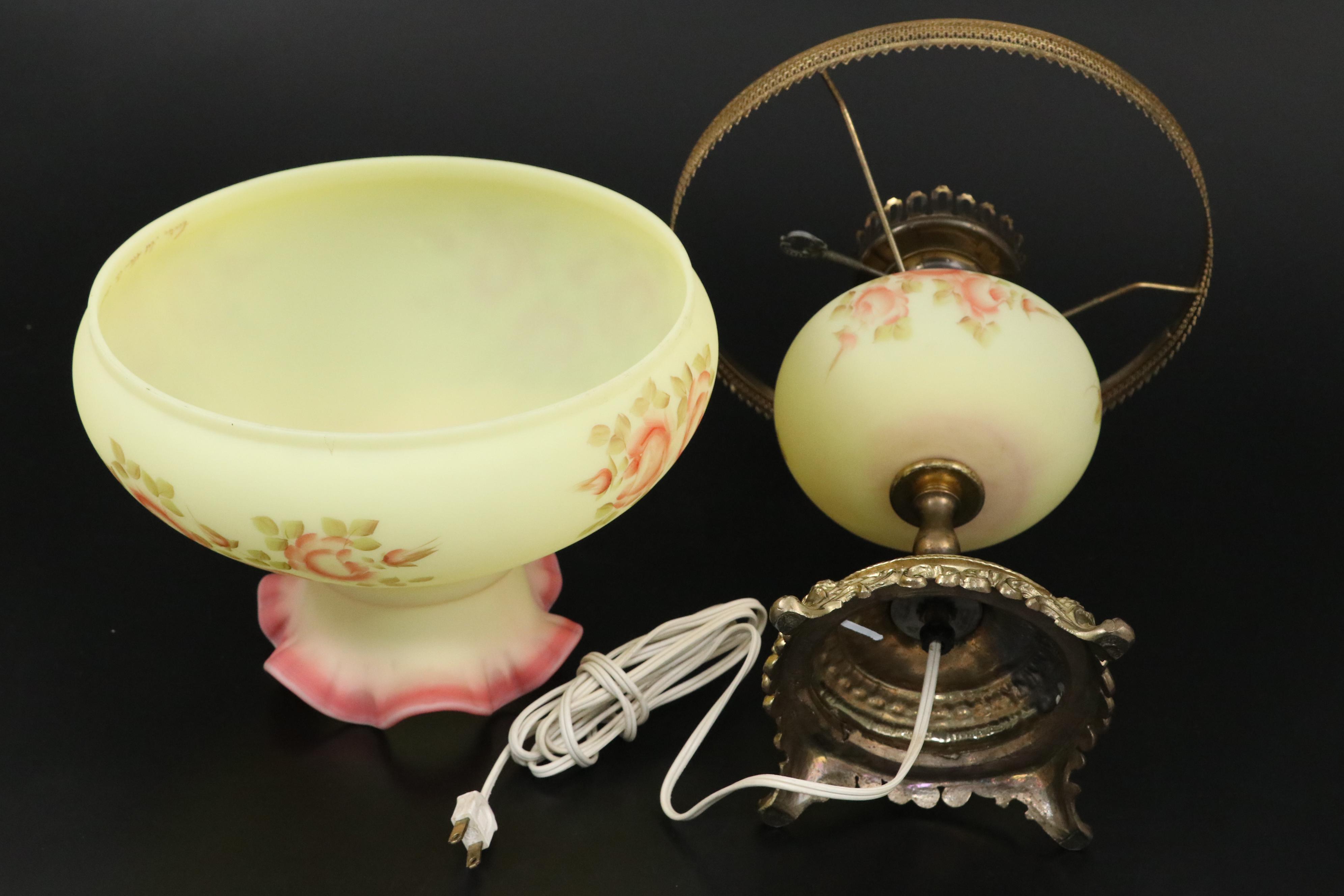 Fenton Burmese Hand-Painted "Rose" Custard Glass Student Lamp, Mid/ Late 20th C