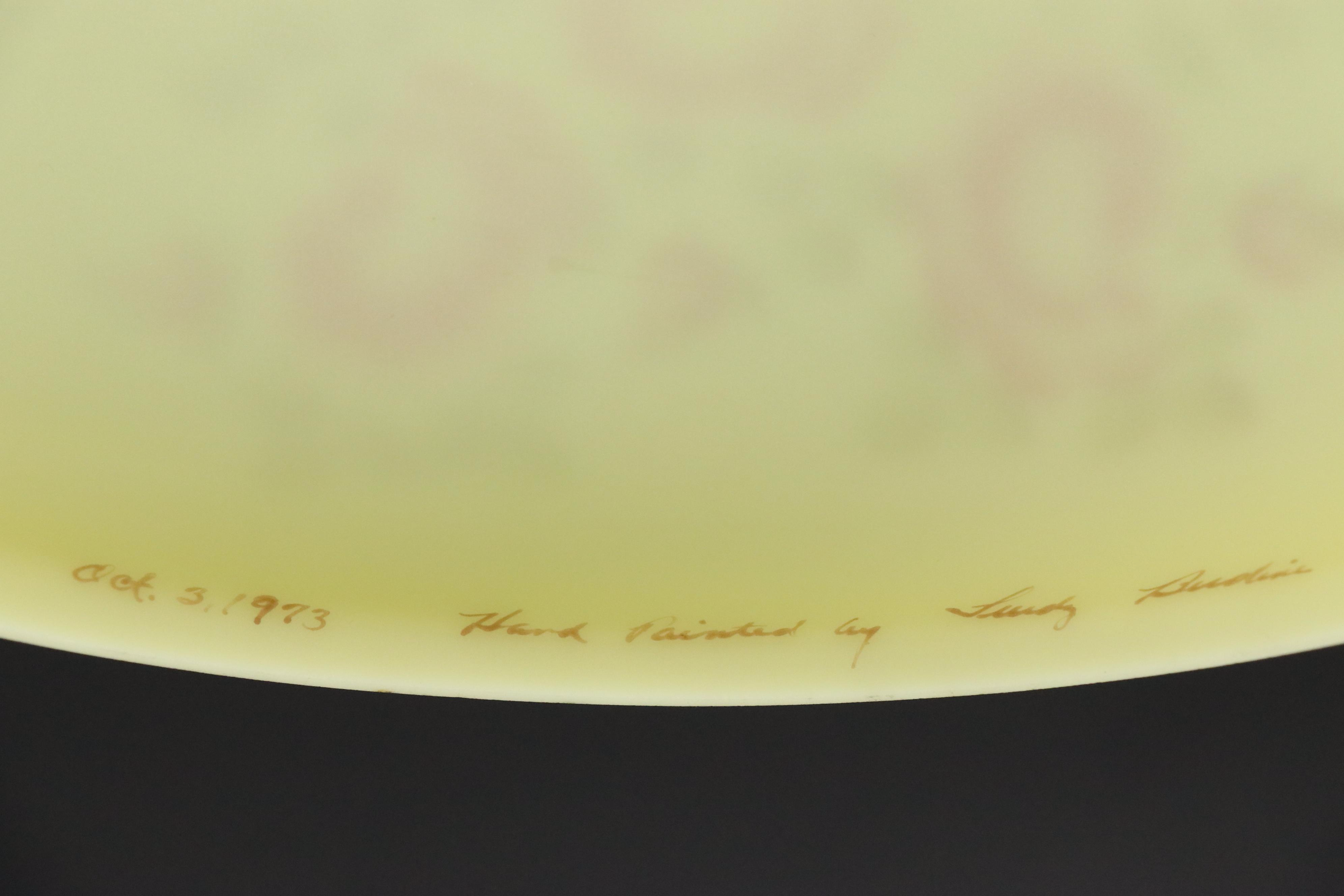 Fenton Burmese Hand-Painted "Rose" Custard Glass Student Lamp, Mid/ Late 20th C