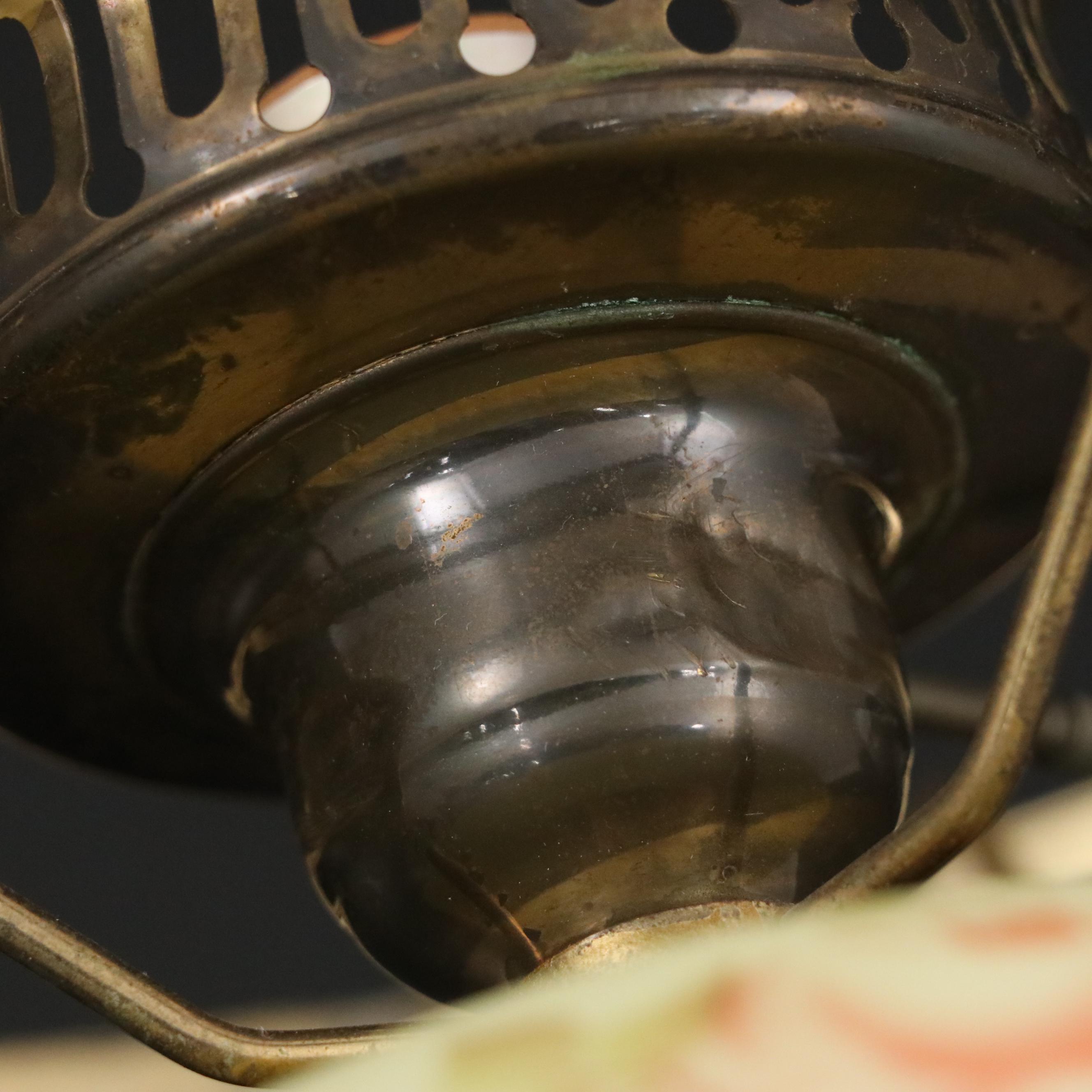 Fenton Burmese Hand-Painted "Rose" Custard Glass Student Lamp, Mid/ Late 20th C