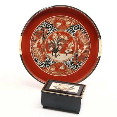 Japanese Lacquer Ware Serving Tray with Sankyo Floral Music Box, Vintage