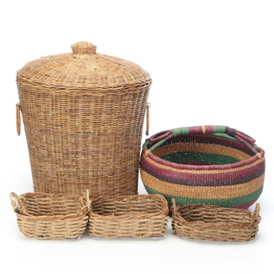 Rattan Ring-Handled Wicker Lidded Laundry Basket with Other Woven Baskets