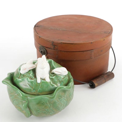 Holland Mold Rabbit Motif Ceramic Lidded Bowl with Finished Wood Shaker Box