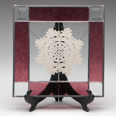 Lace Doily in Stained Glass Frame with Wooden Display Stand