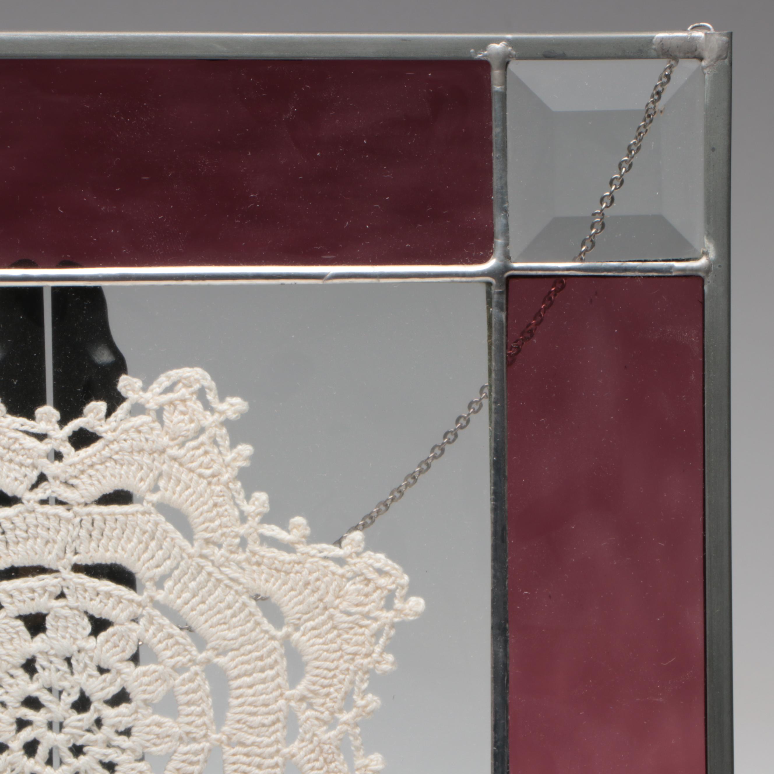 Lace Doily in Stained Glass Frame with Wooden Display Stand