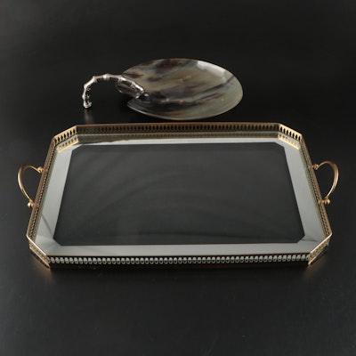 Horn and Metal Lily Pad Dish with Pierced Brass and Glass Service Tray, Vintage