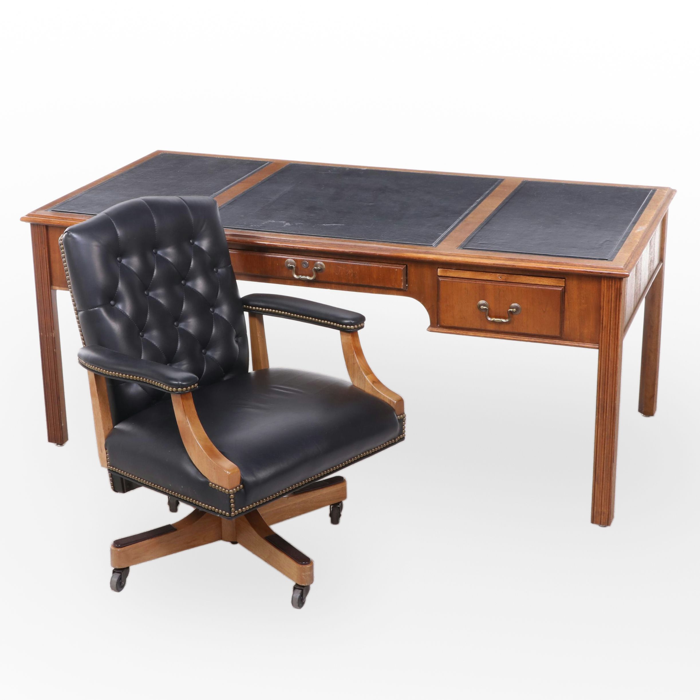 Chippendale Style Walnut Executive's Desk Plus Leather Desk Chair, Incl. Jofco