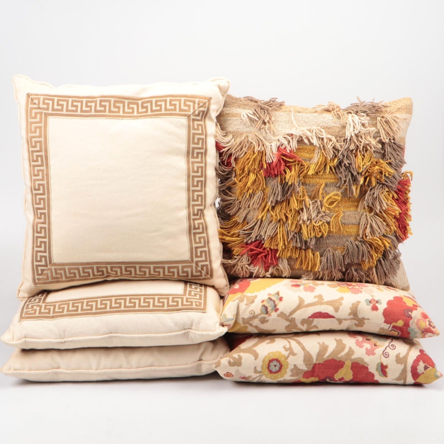 Loloi "Sunset" Shag Pillow with Other Large Floral and Greek Key Design Pillows