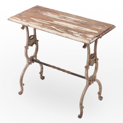 Wood Top Cast Iron Side Table, Antique