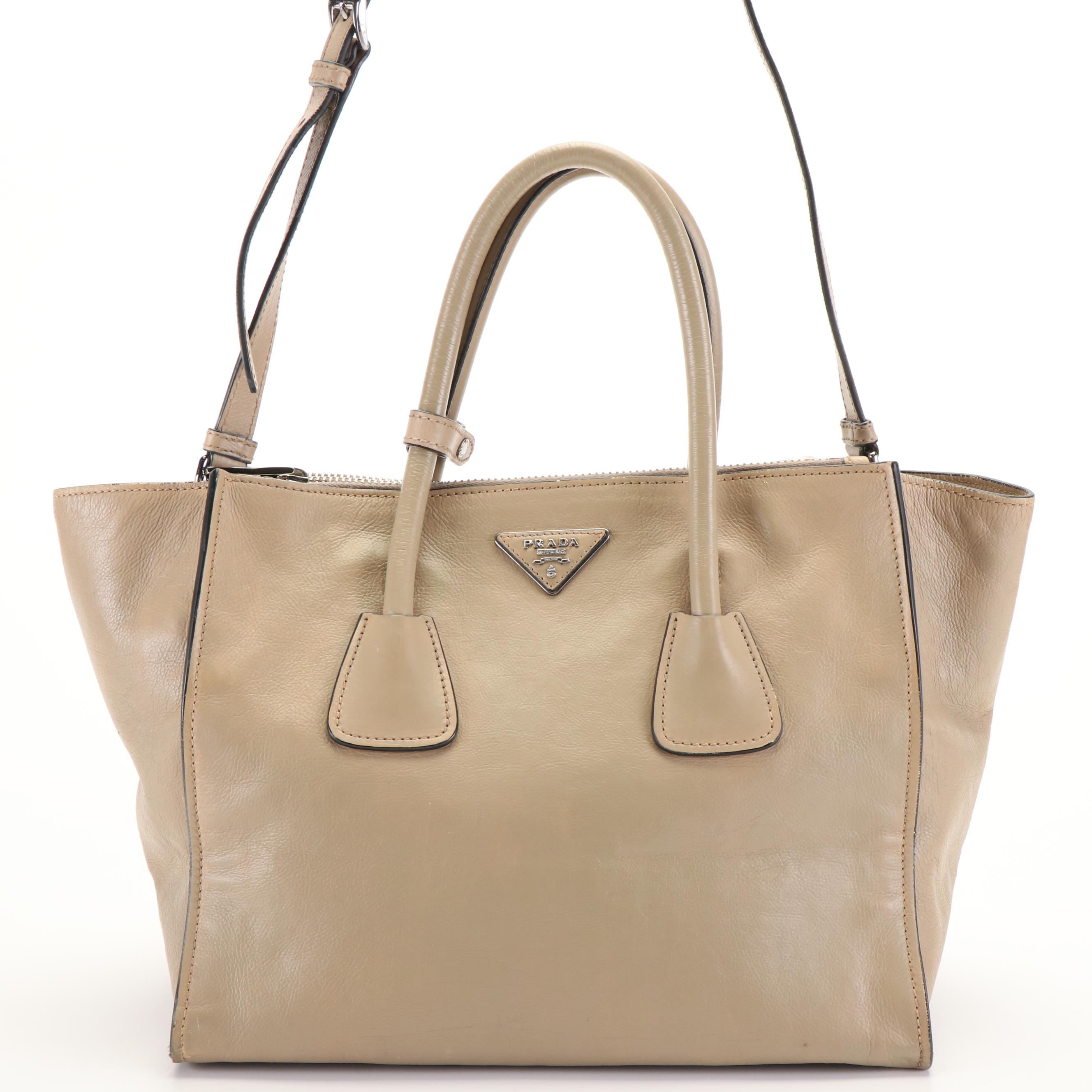 Prada Twin Pocket Tote Bag in Beige Glacé Calfskin Leather