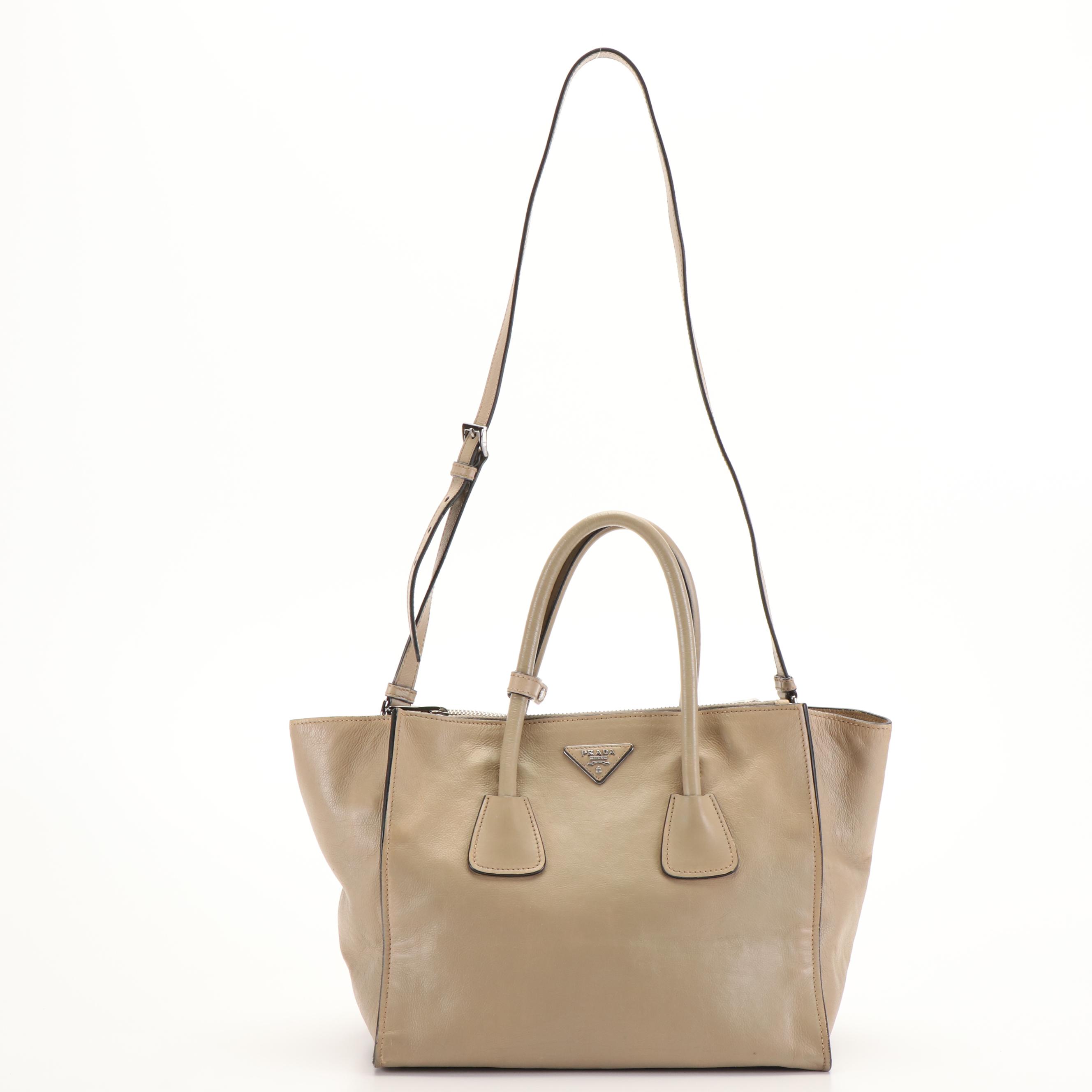 Prada Twin Pocket Tote Bag in Beige Glacé Calfskin Leather