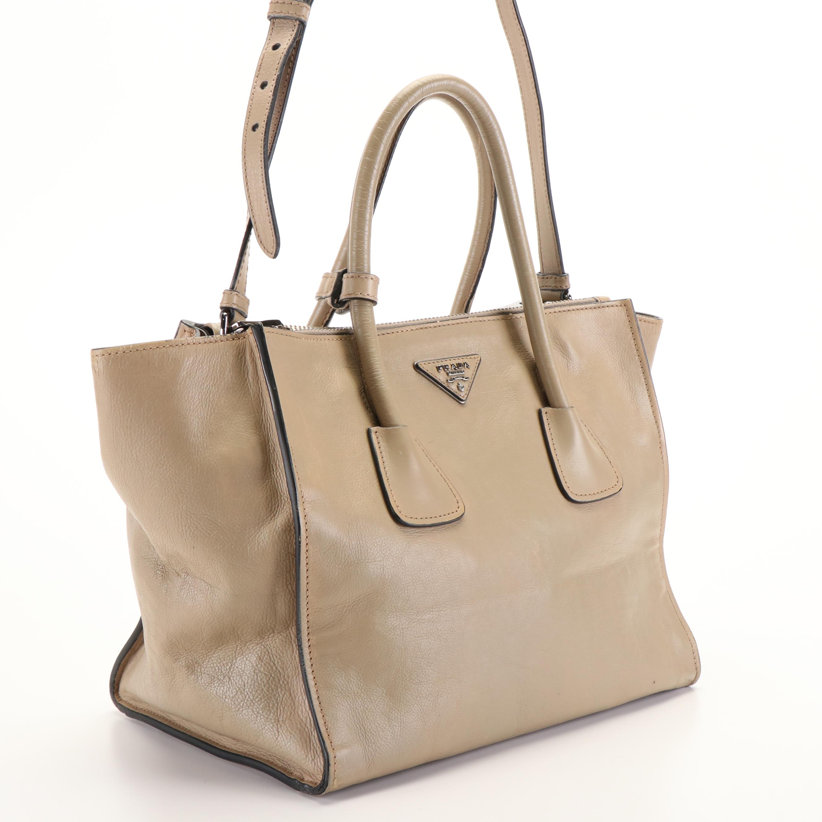 Prada Twin Pocket Tote Bag in Beige Glacé Calfskin Leather