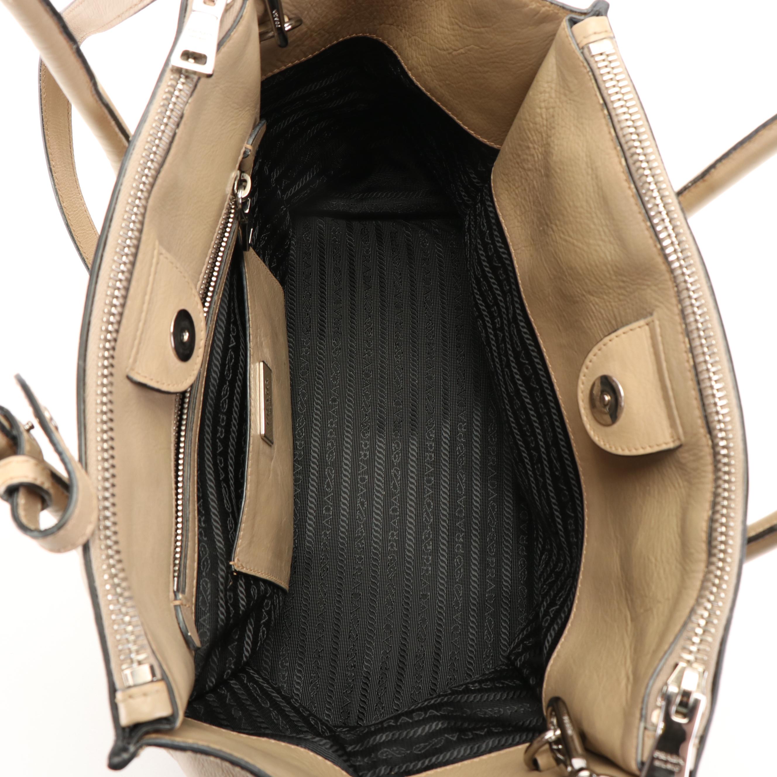Prada Twin Pocket Tote Bag in Beige Glacé Calfskin Leather