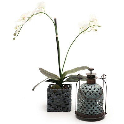 Pierced Metal Candle Lantern and Faux Phaelenopsis Orchid Plant