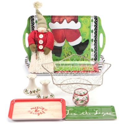 Christmas Trays with Plush Decorative Snowman, Porcelain Candle Holders and More