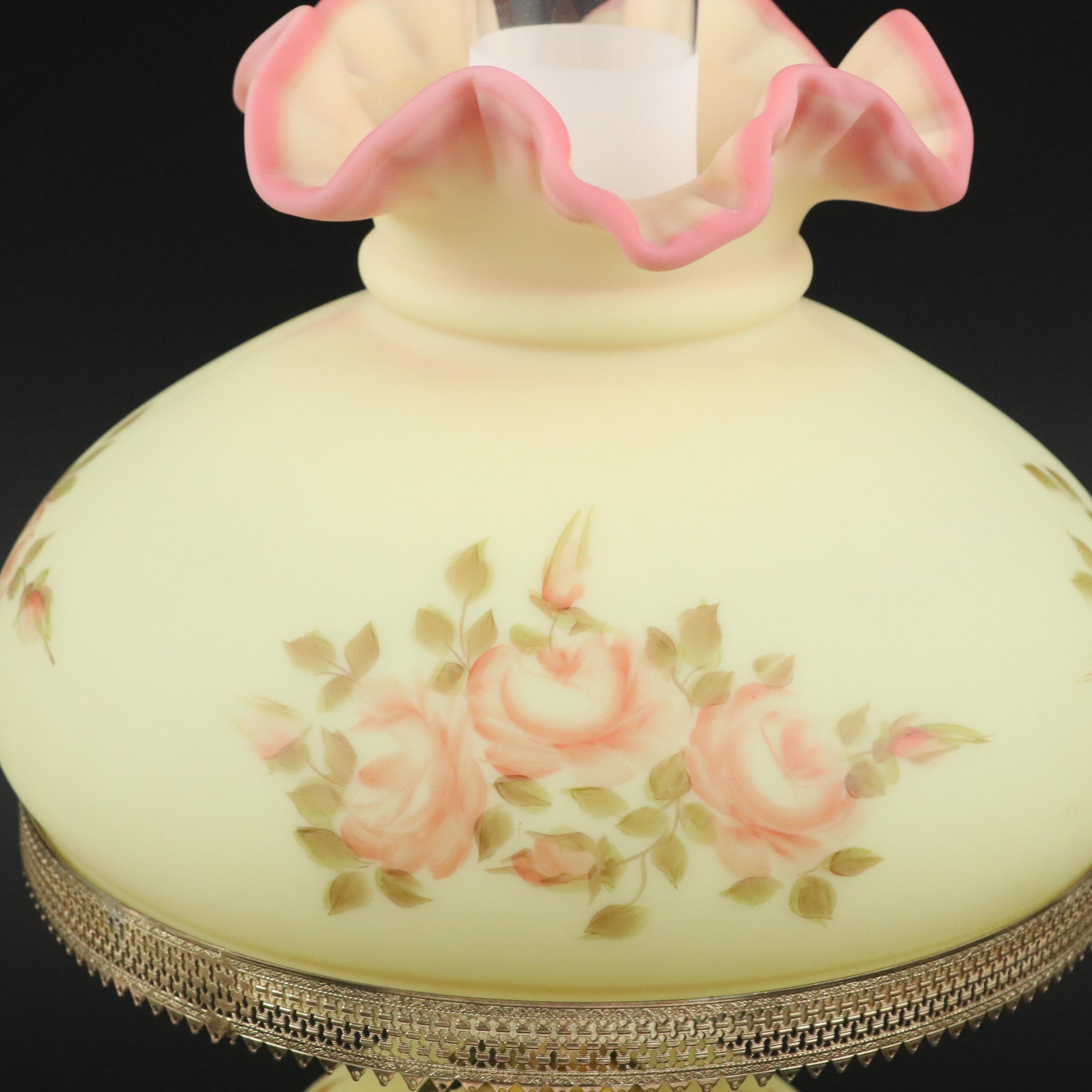 Fenton "Burmese" Glass Parlor Lamp with Hand-Painted Roses