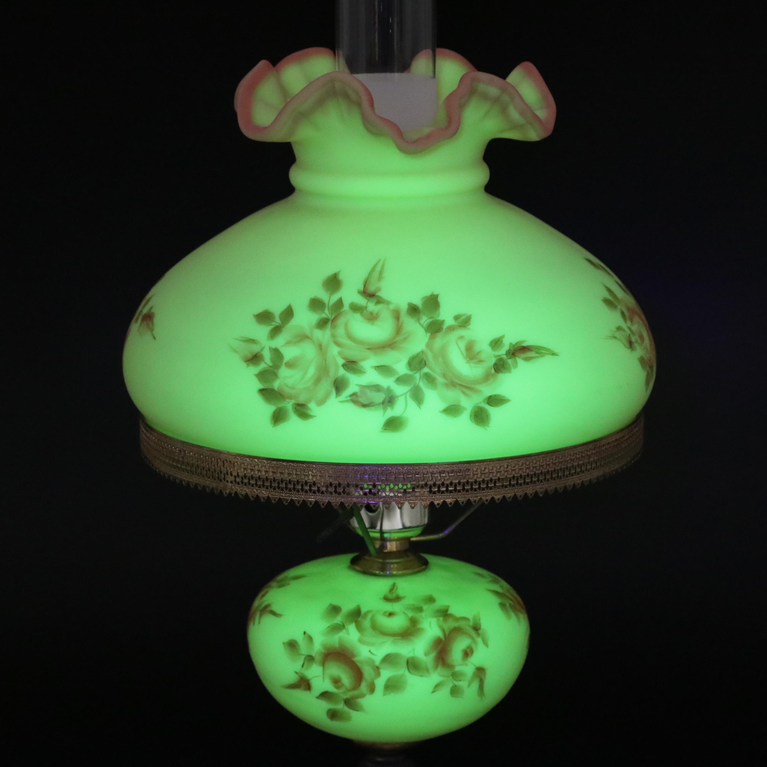 Fenton "Burmese" Glass Parlor Lamp with Hand-Painted Roses