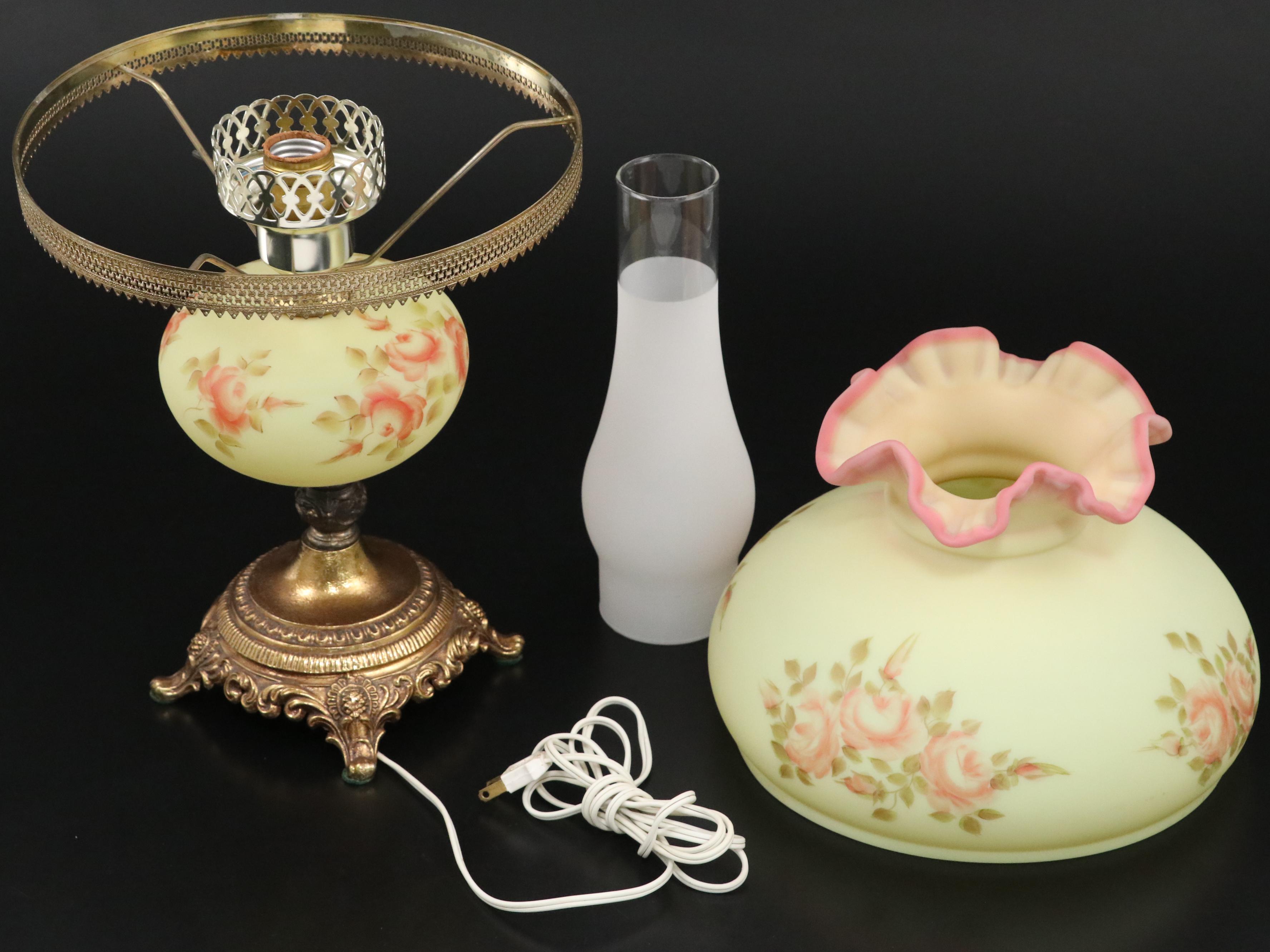 Fenton "Burmese" Glass Parlor Lamp with Hand-Painted Roses