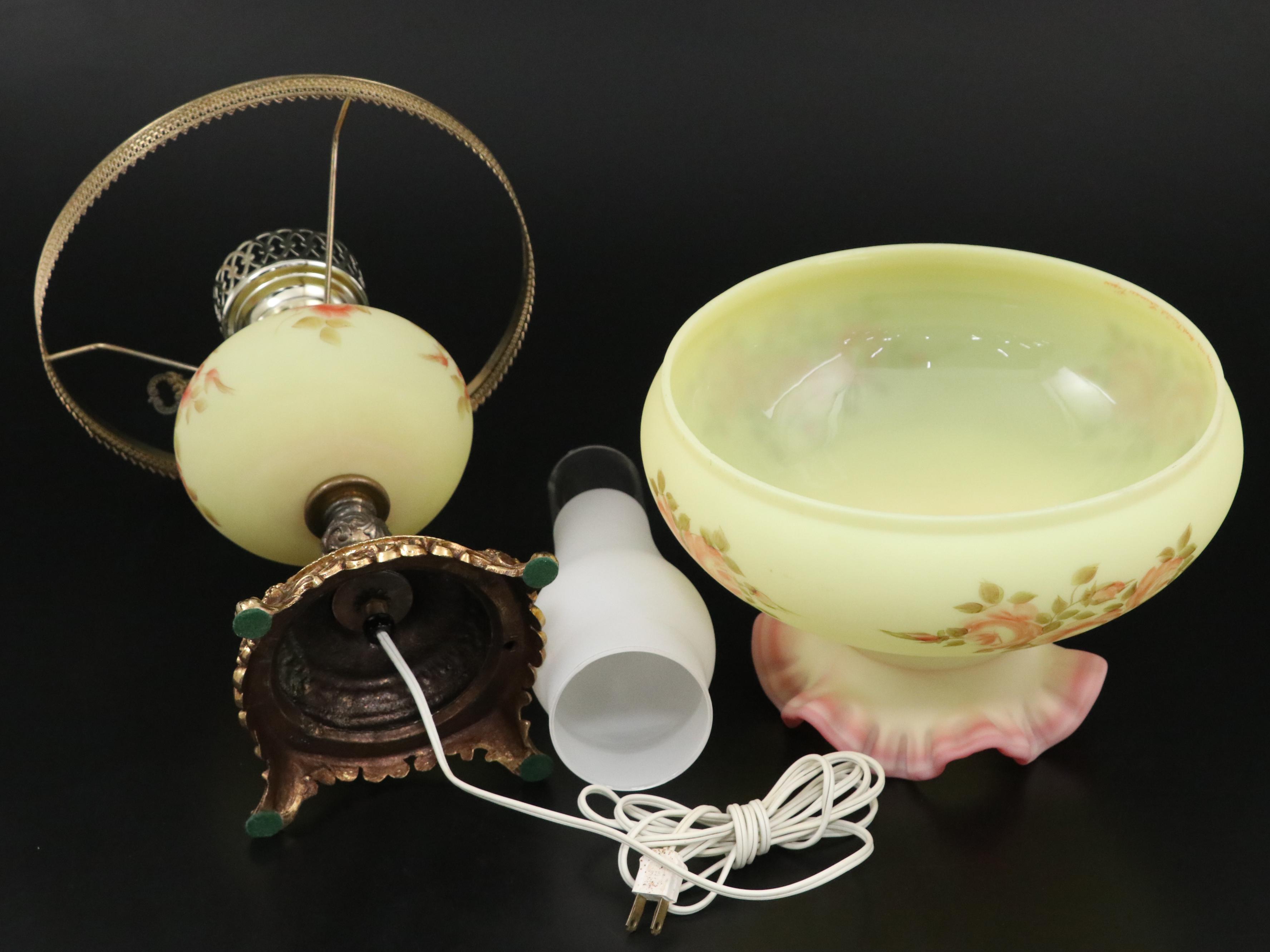 Fenton "Burmese" Glass Parlor Lamp with Hand-Painted Roses