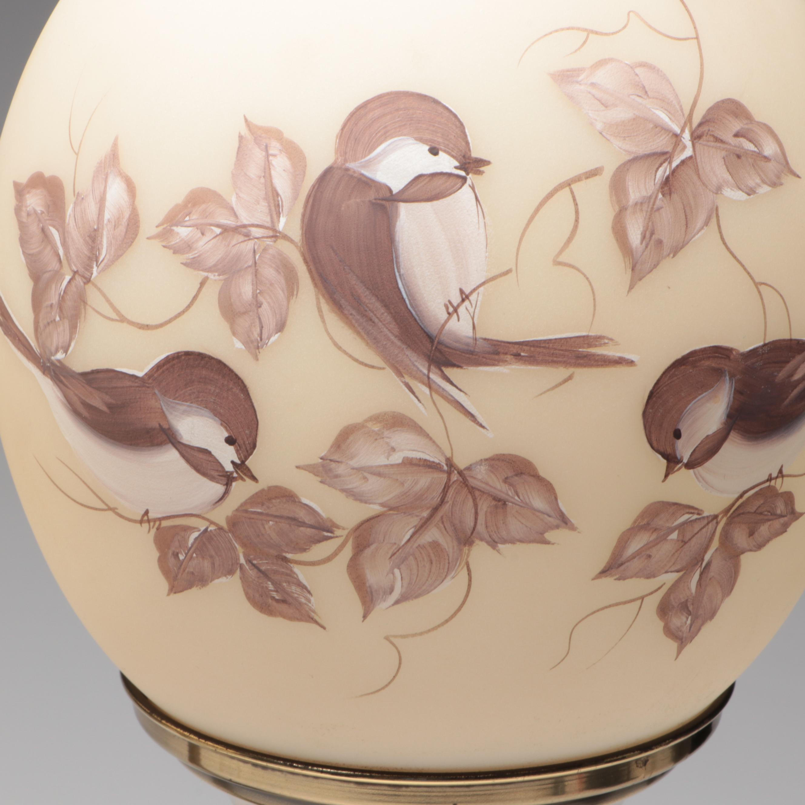 Fenton Hand-Painted Floral and Bird Motif Glass Lamps
