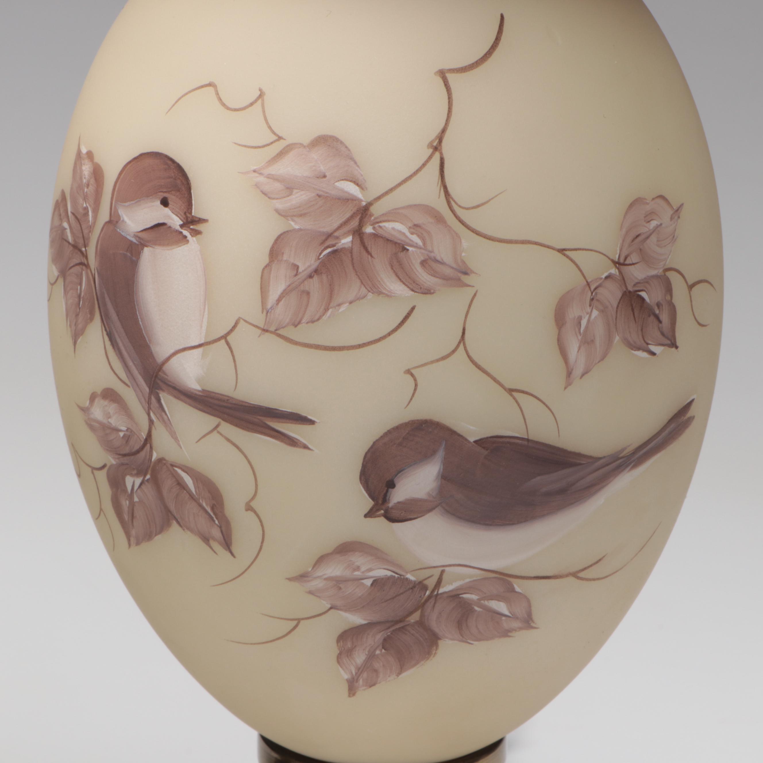 Fenton Hand-Painted Floral and Bird Motif Glass Lamps