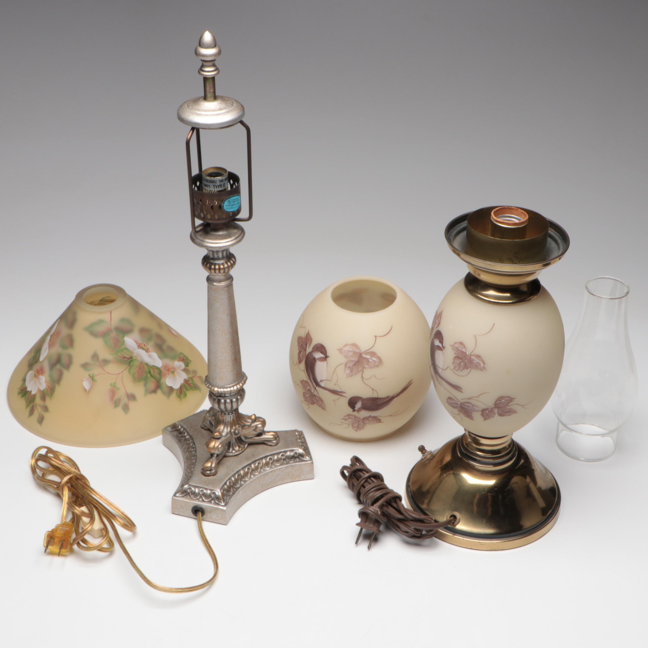 Fenton Hand-Painted Floral and Bird Motif Glass Lamps