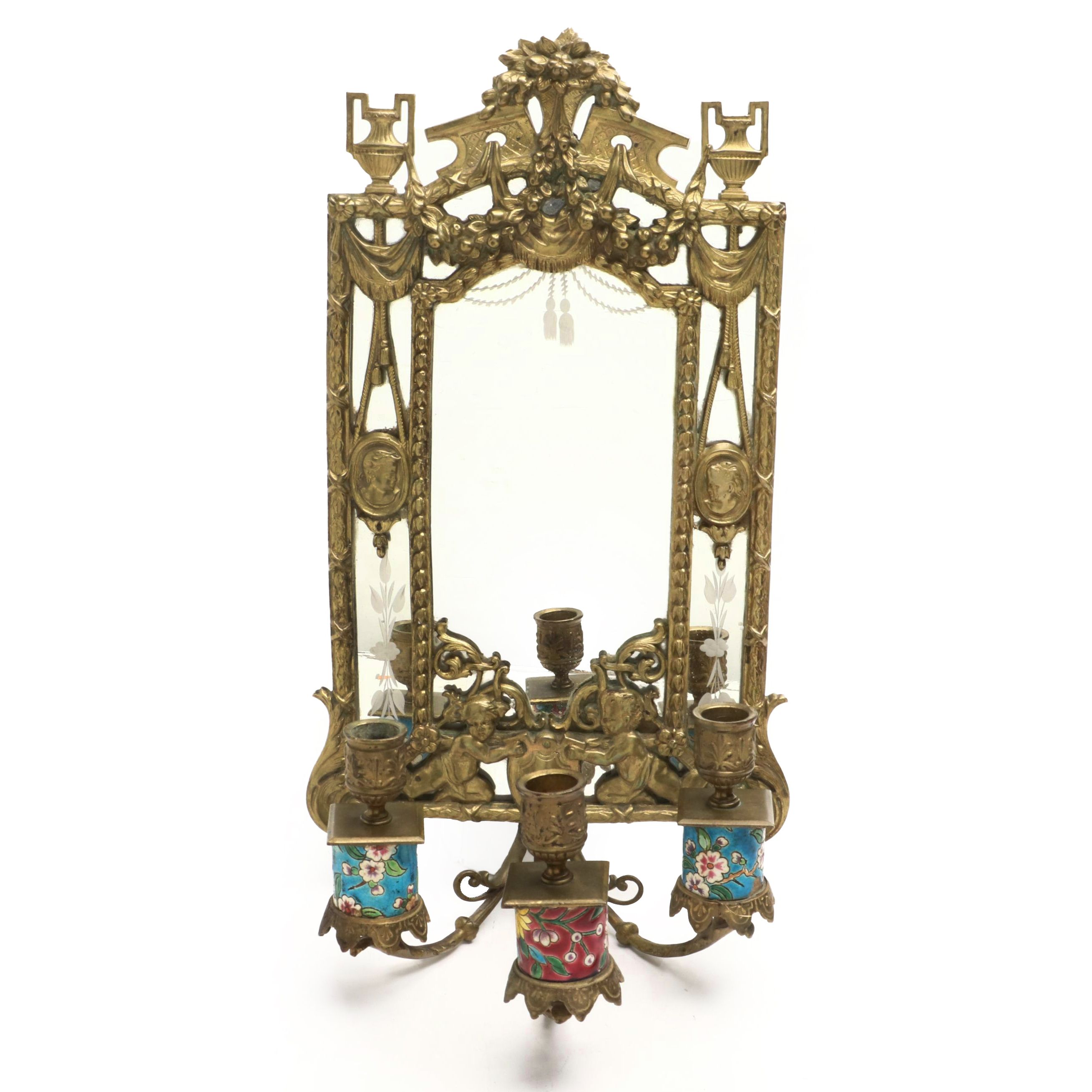 French Longwy Pottery and Gilt Bronze Mirrored Back Candle Sconce