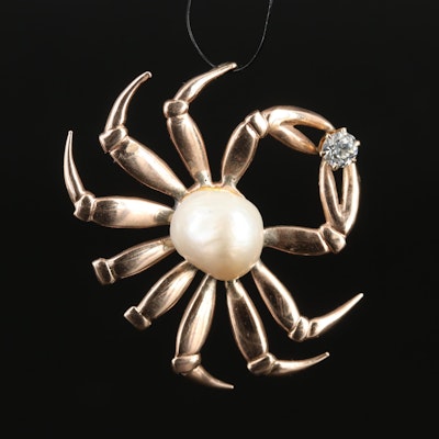 10K Pearled Crab Clasping a 0.15 CT Diamond Pendant
