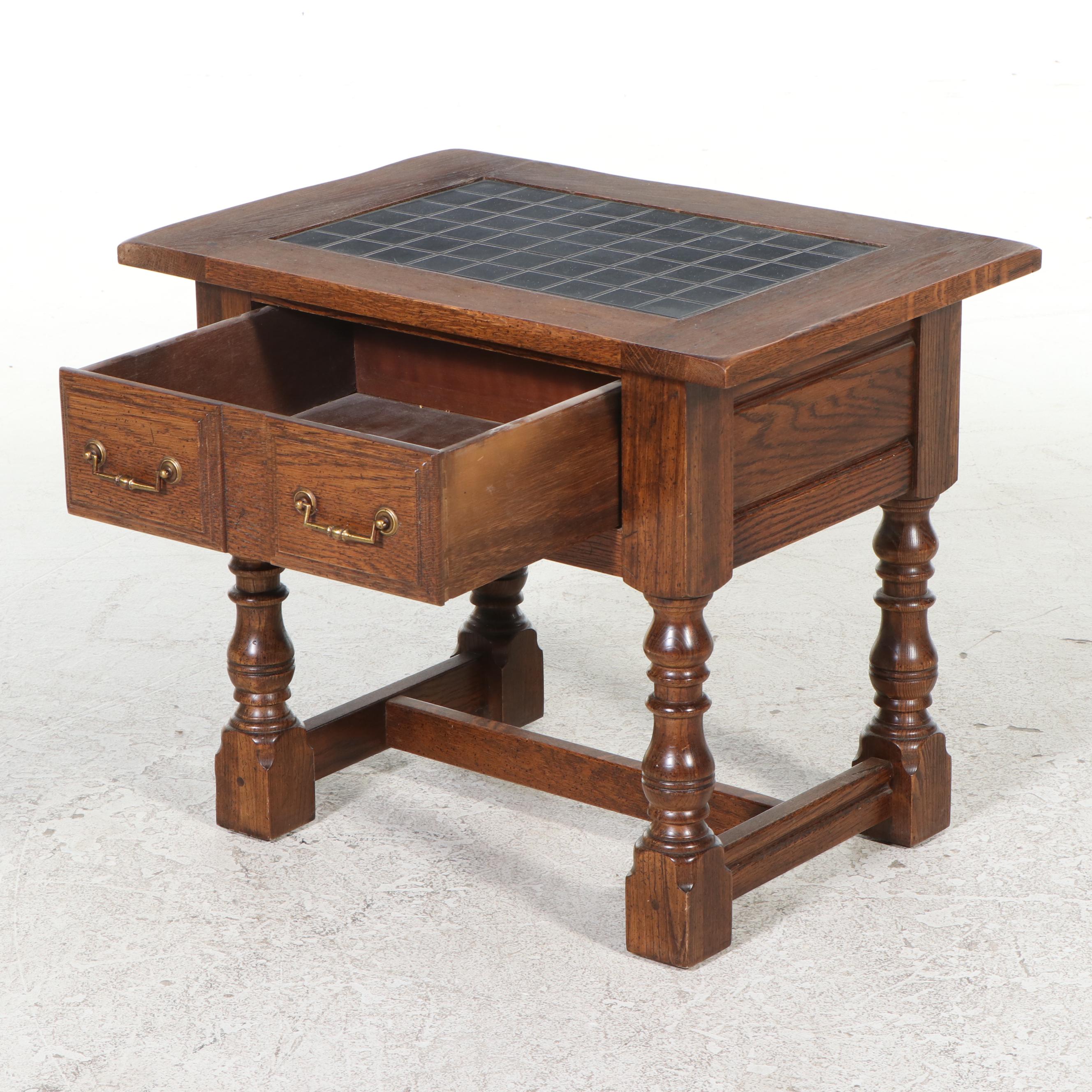 Spanish Colonial Style Oak Side Table with Inlaid Tile Top