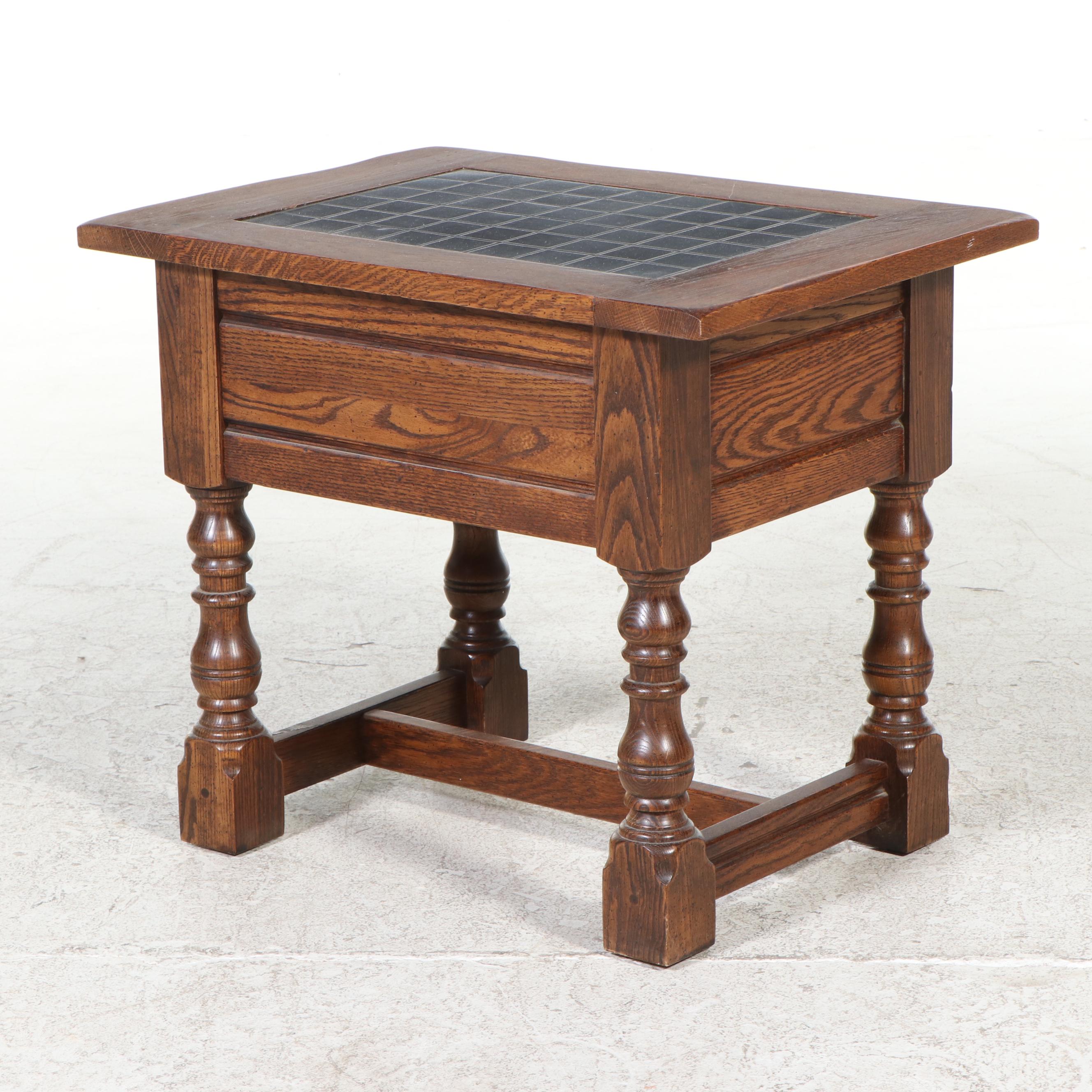 Spanish Colonial Style Oak Side Table with Inlaid Tile Top
