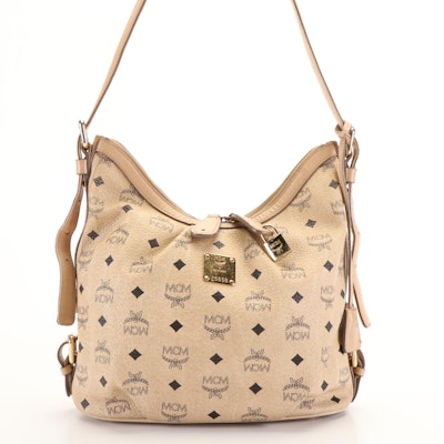 MCM Hobo Bag in Beige Visetos Coated Canvas and Leather