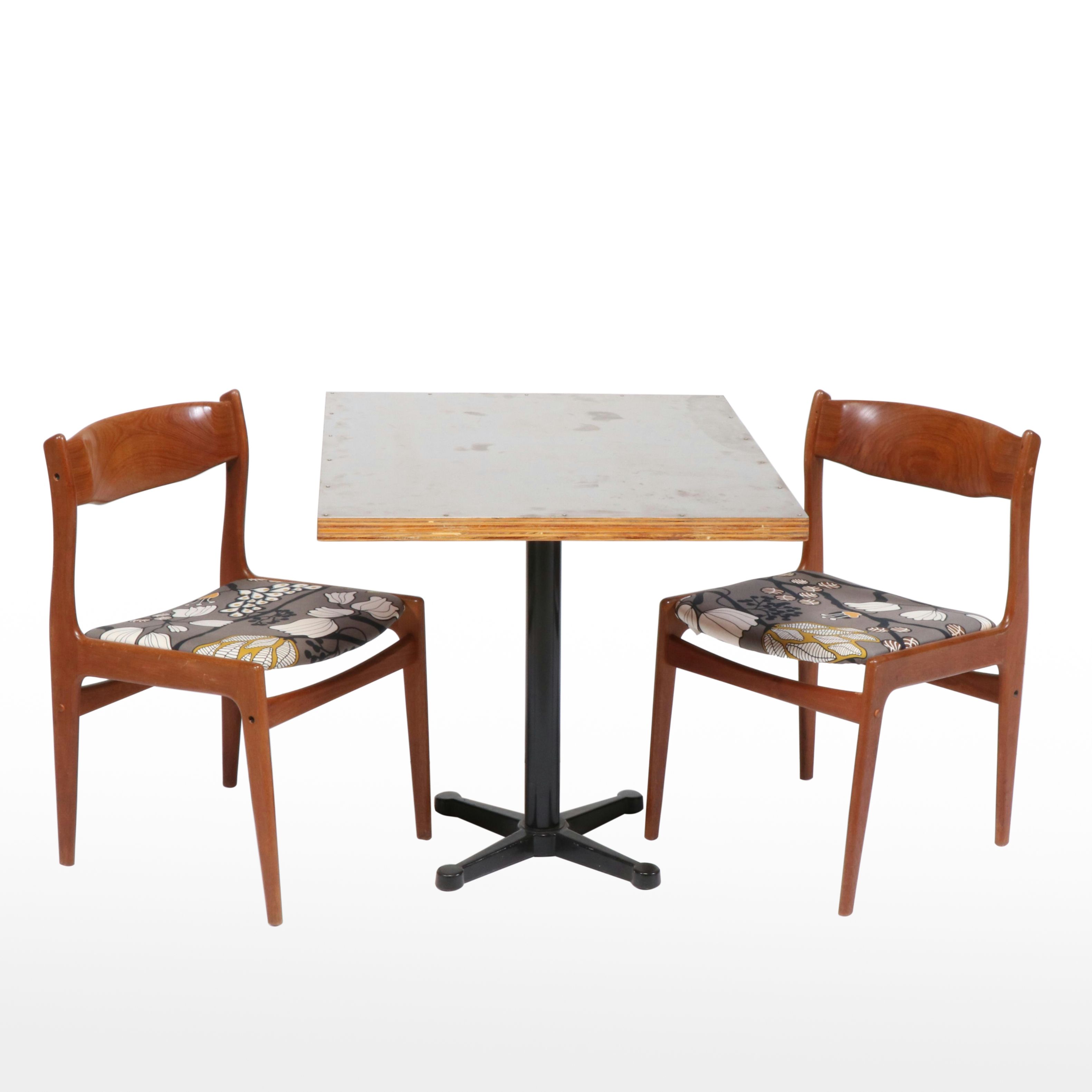 Pair of Mid Century Modern Walnut Side Chairs & Stainless Steel Top Bistro Table