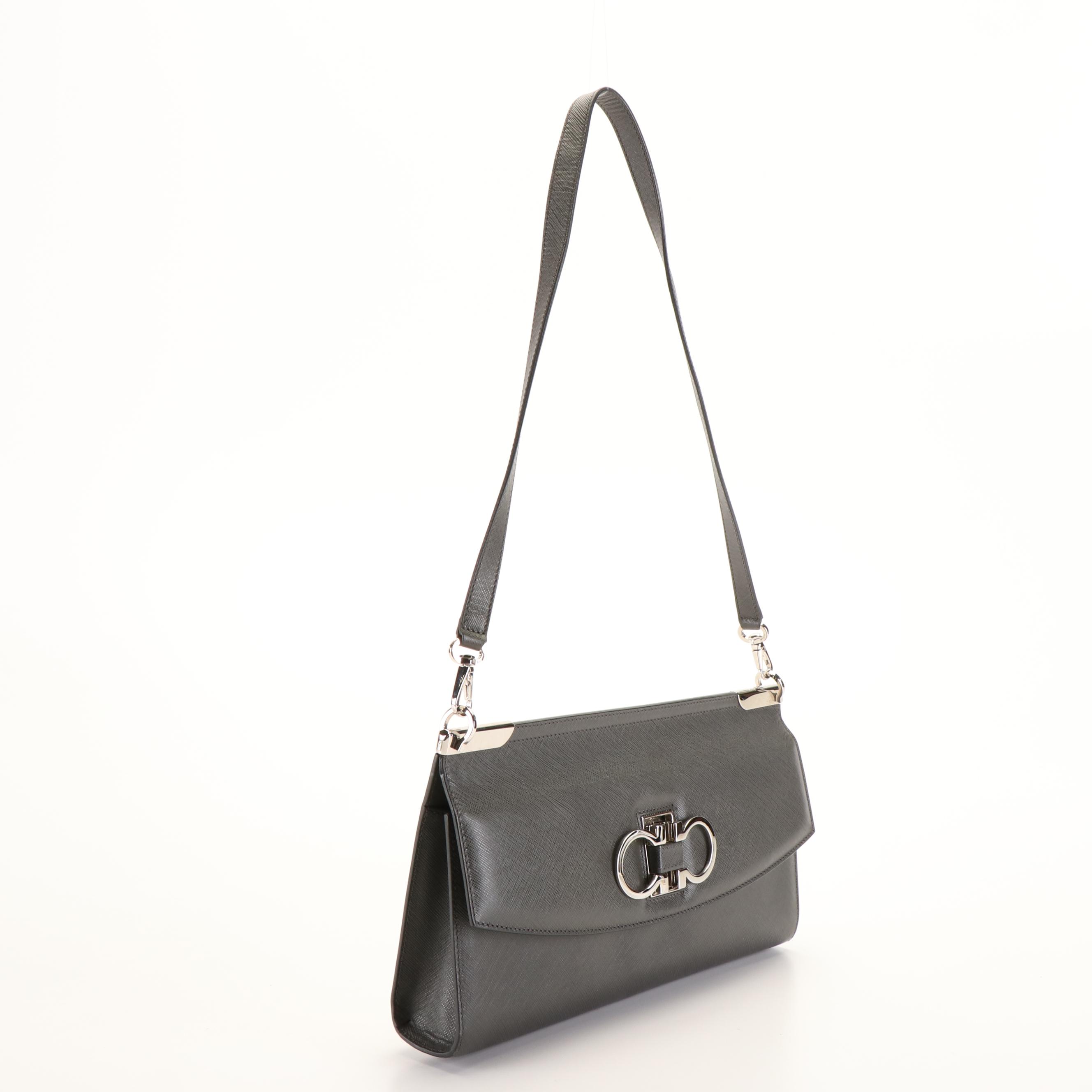Salvatore Ferragamo Double Gancini Convertible Shoulder Bag in Grey Leather