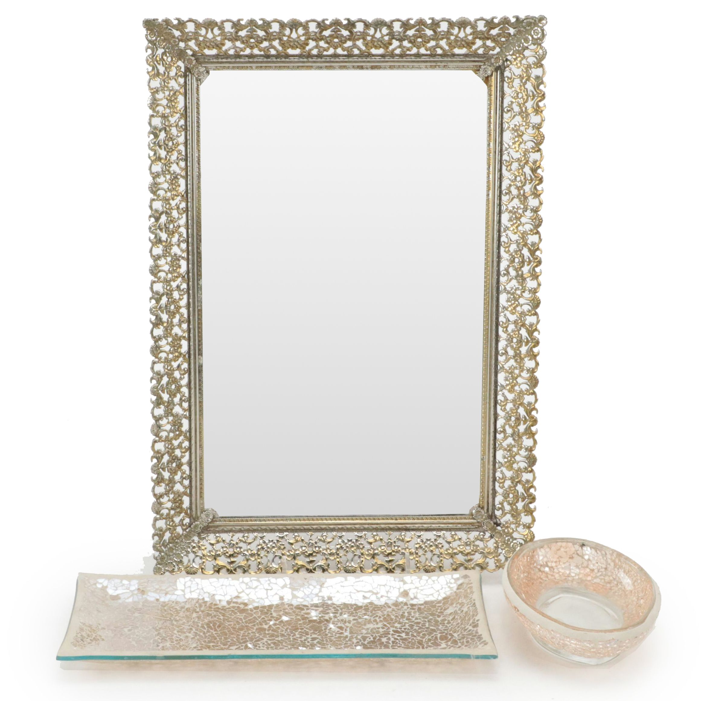 Gallery Tray Metal Frame Tabletop Mirror with Mosaic Glass Dish and Tray
