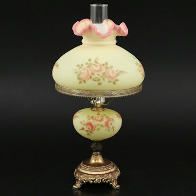 Fenton "Burmese" Glass Parlor Lamp with Hand-Painted Roses