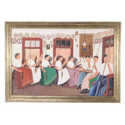 Oil Painting of a Genre Scene of Women Spinning Wool on Distaffs