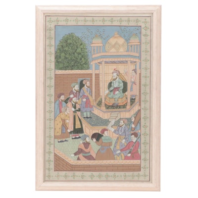 Indo-Persian Gouache Painting of Noble Courtyard Scene with Figures