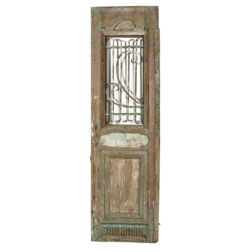 Wood Door with Wrought Iron Inset, Antique