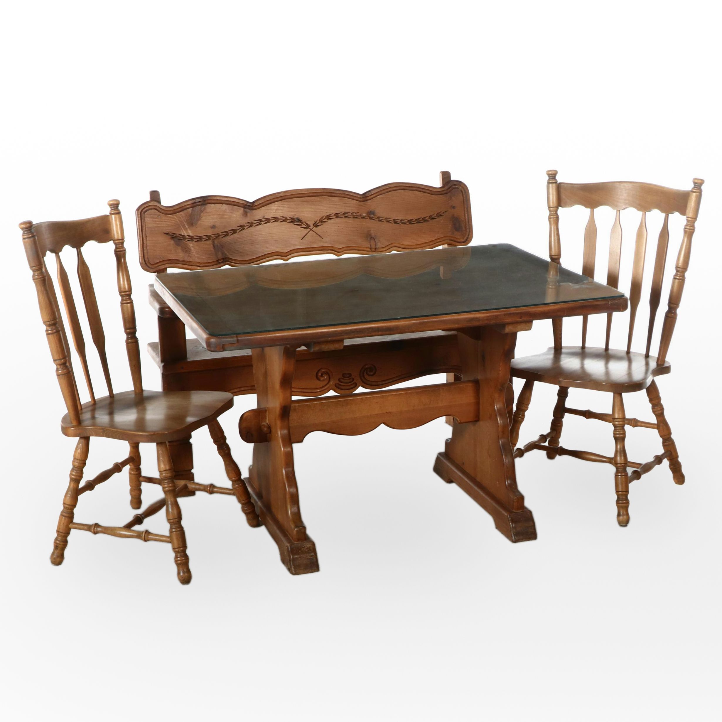 Eastern European Folk Art Style Carved Oak Bench with Table and Chairs