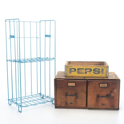 Wooden Filing Cabinet, Pepsi-Cola Crate and Metal Rack