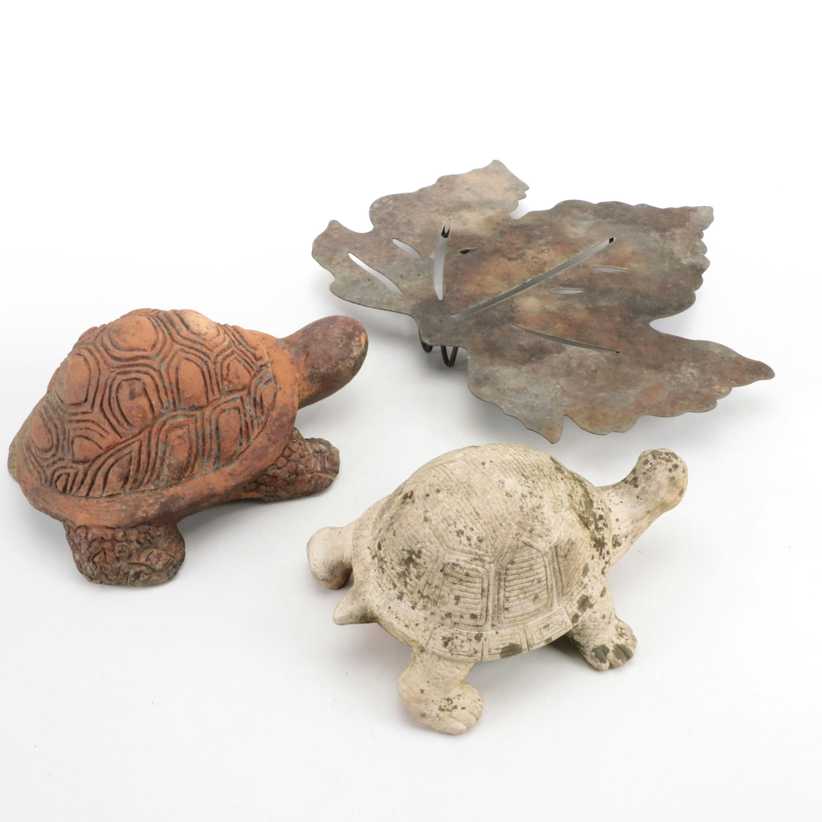 Marble Leaf Shape Cast Iron Trivet with Ceramic Turtle Garden Statues