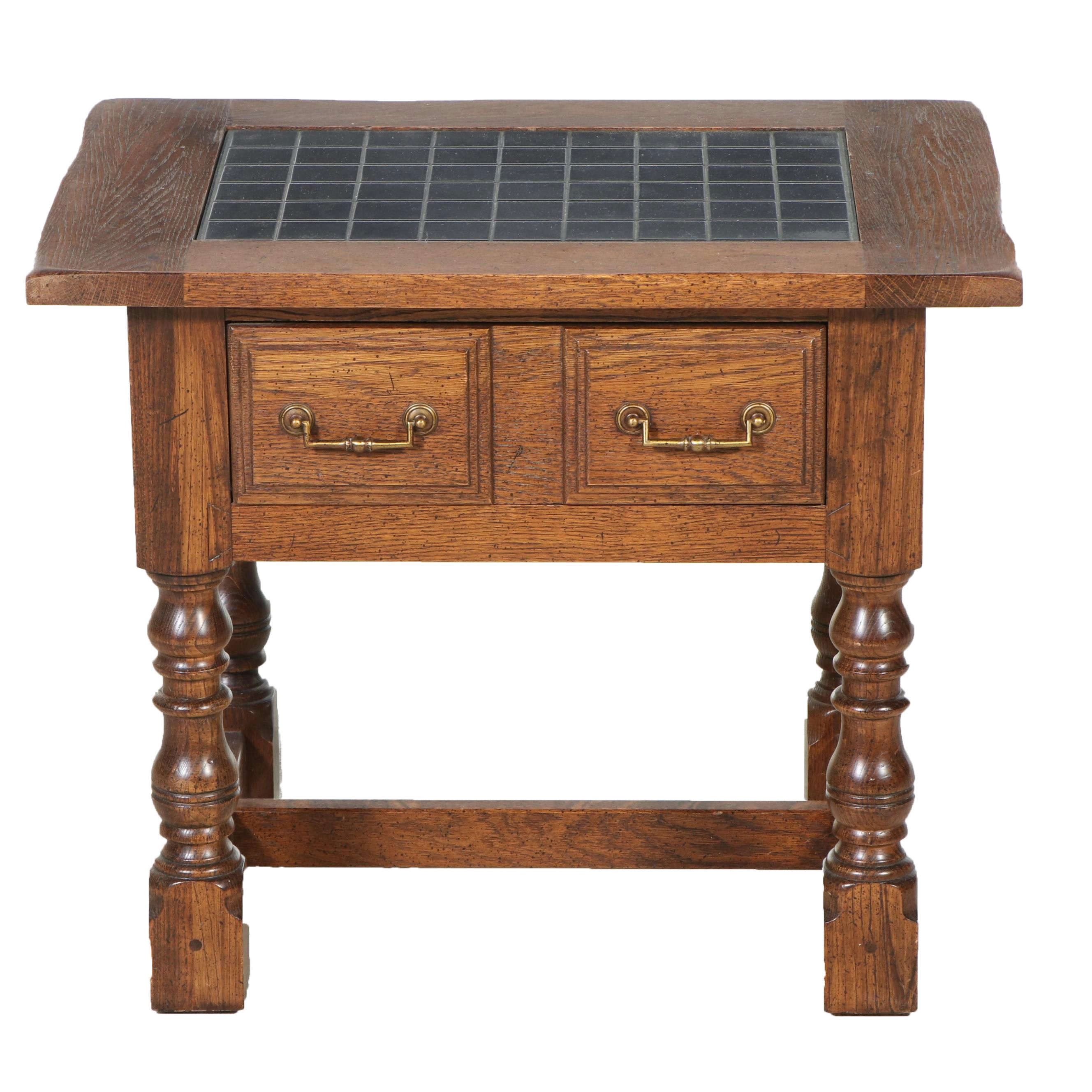 Spanish Colonial Style Oak Side Table with Inlaid Tile Top