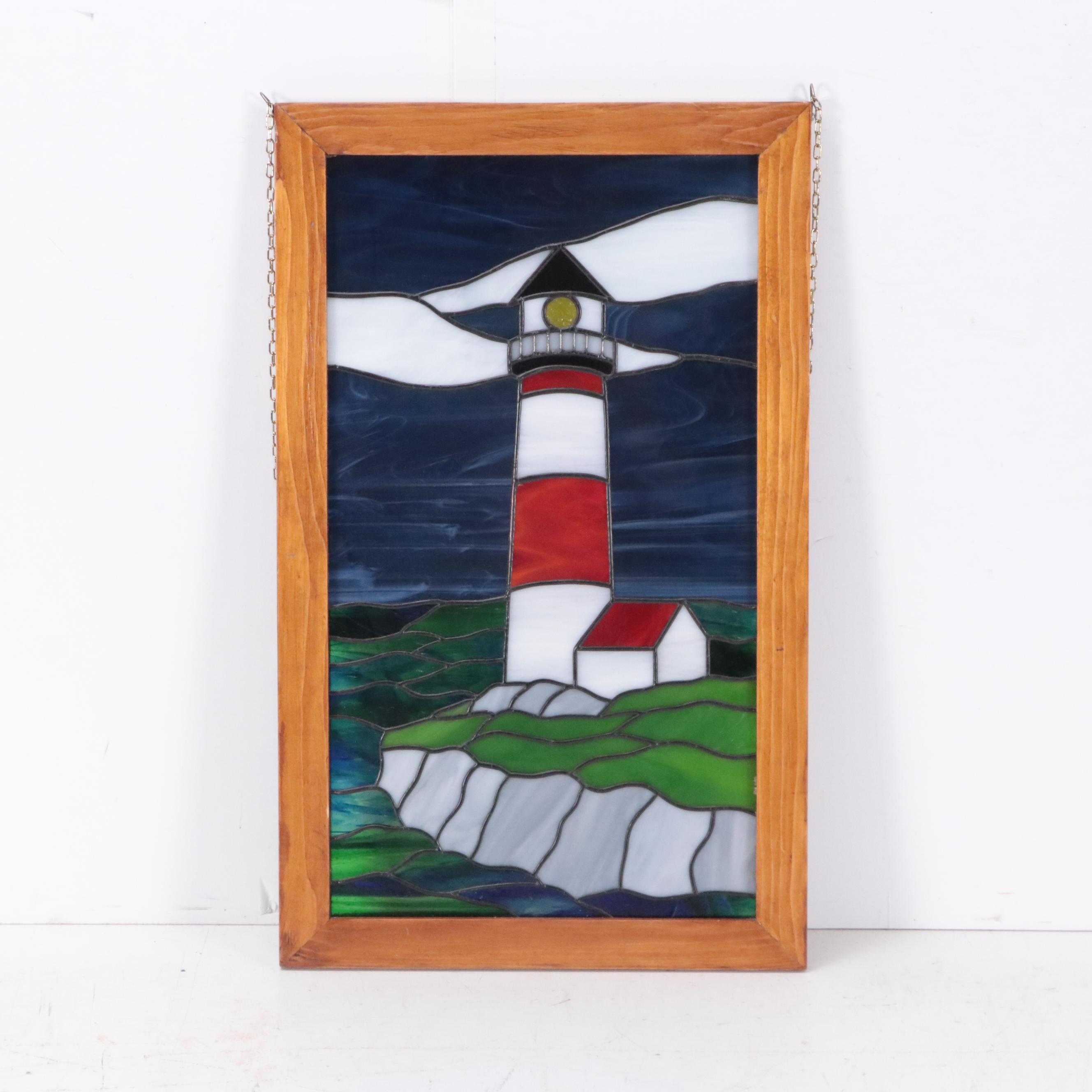 Stained Glass Window Panel with Lighthouse Motif