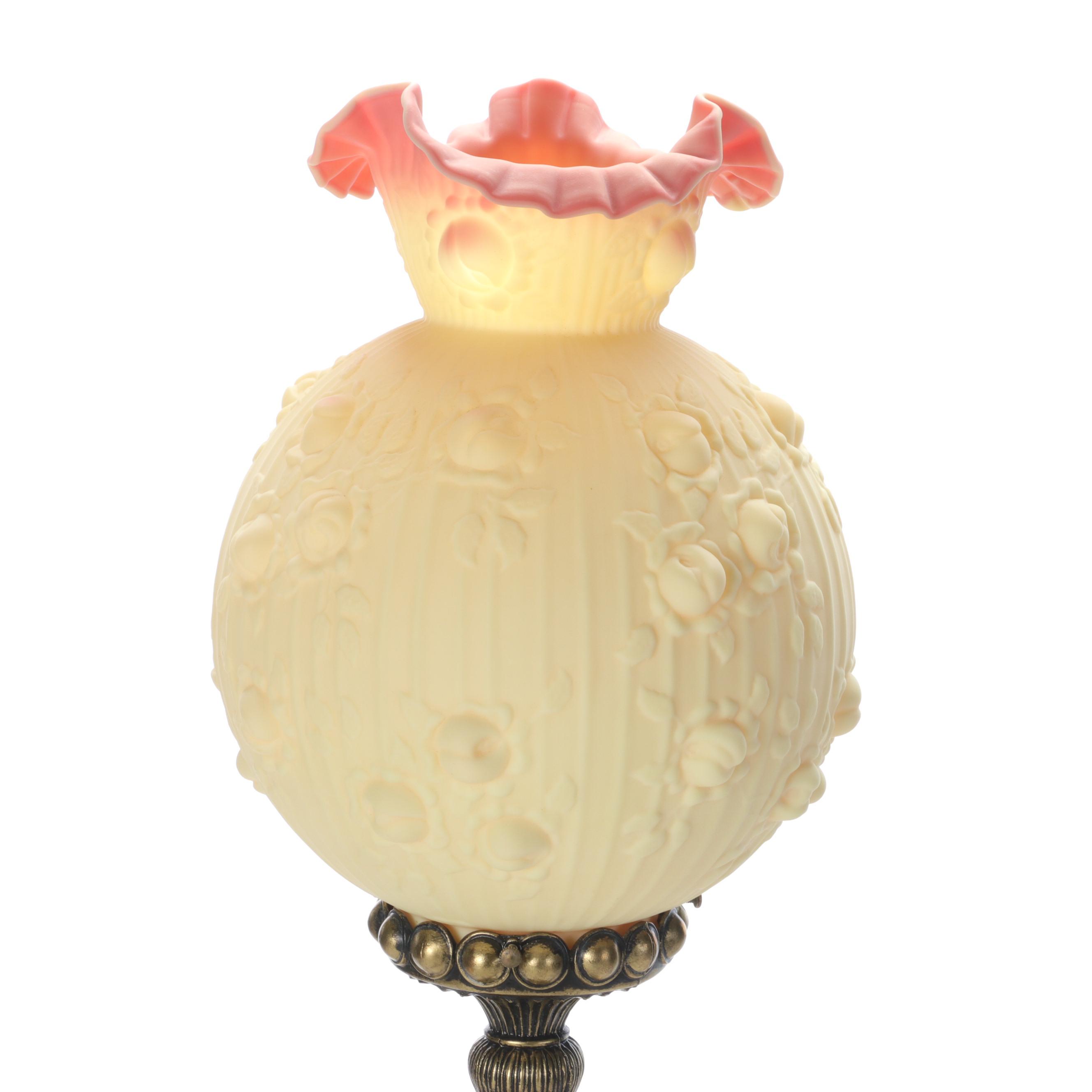 Fenton Burmese "Embossed Roses" Lampshade with Brass Candlestick Table Lamp