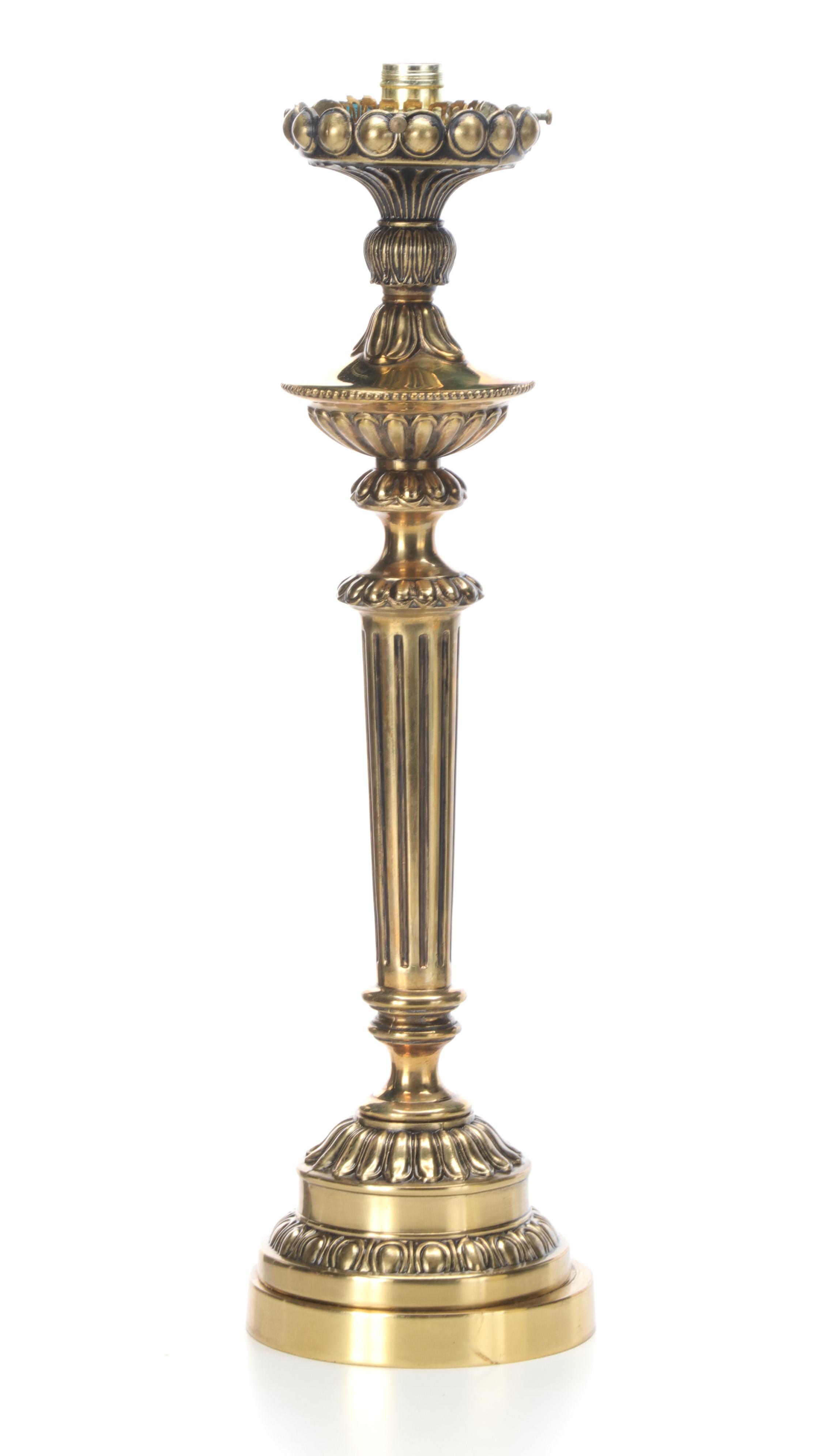 Fenton Burmese "Embossed Roses" Lampshade with Brass Candlestick Table Lamp