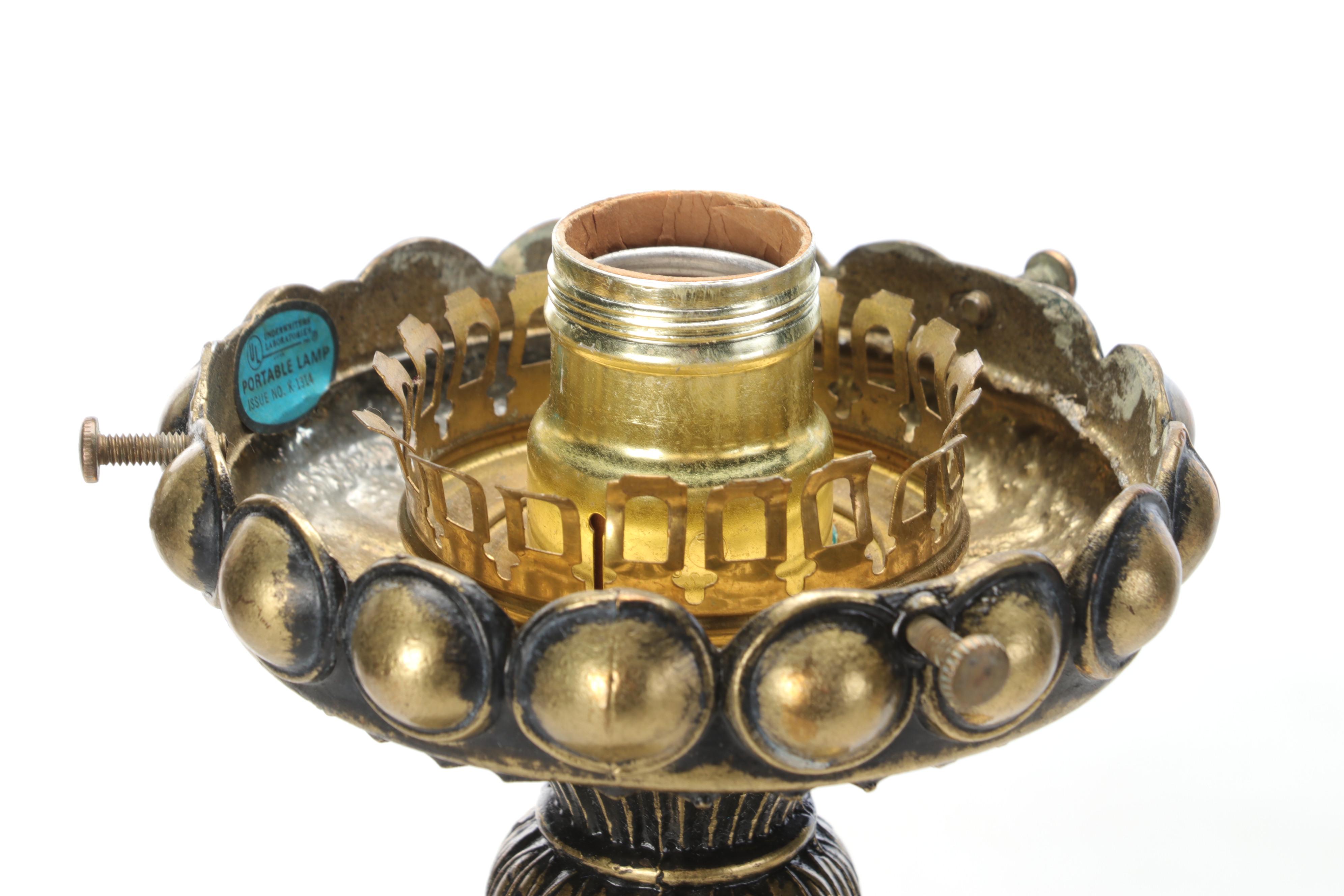 Fenton Burmese "Embossed Roses" Lampshade with Brass Candlestick Table Lamp