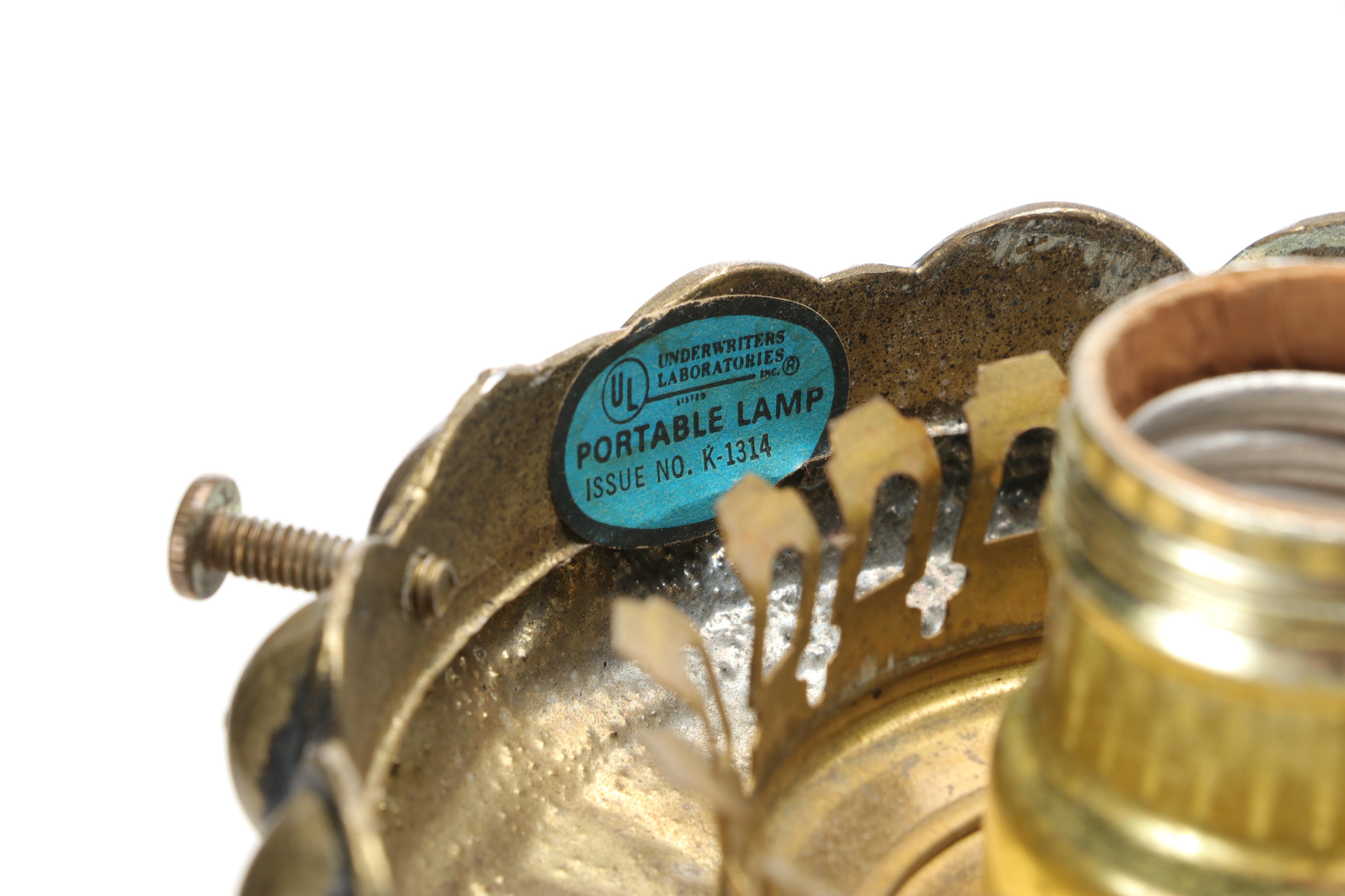 Fenton Burmese "Embossed Roses" Lampshade with Brass Candlestick Table Lamp