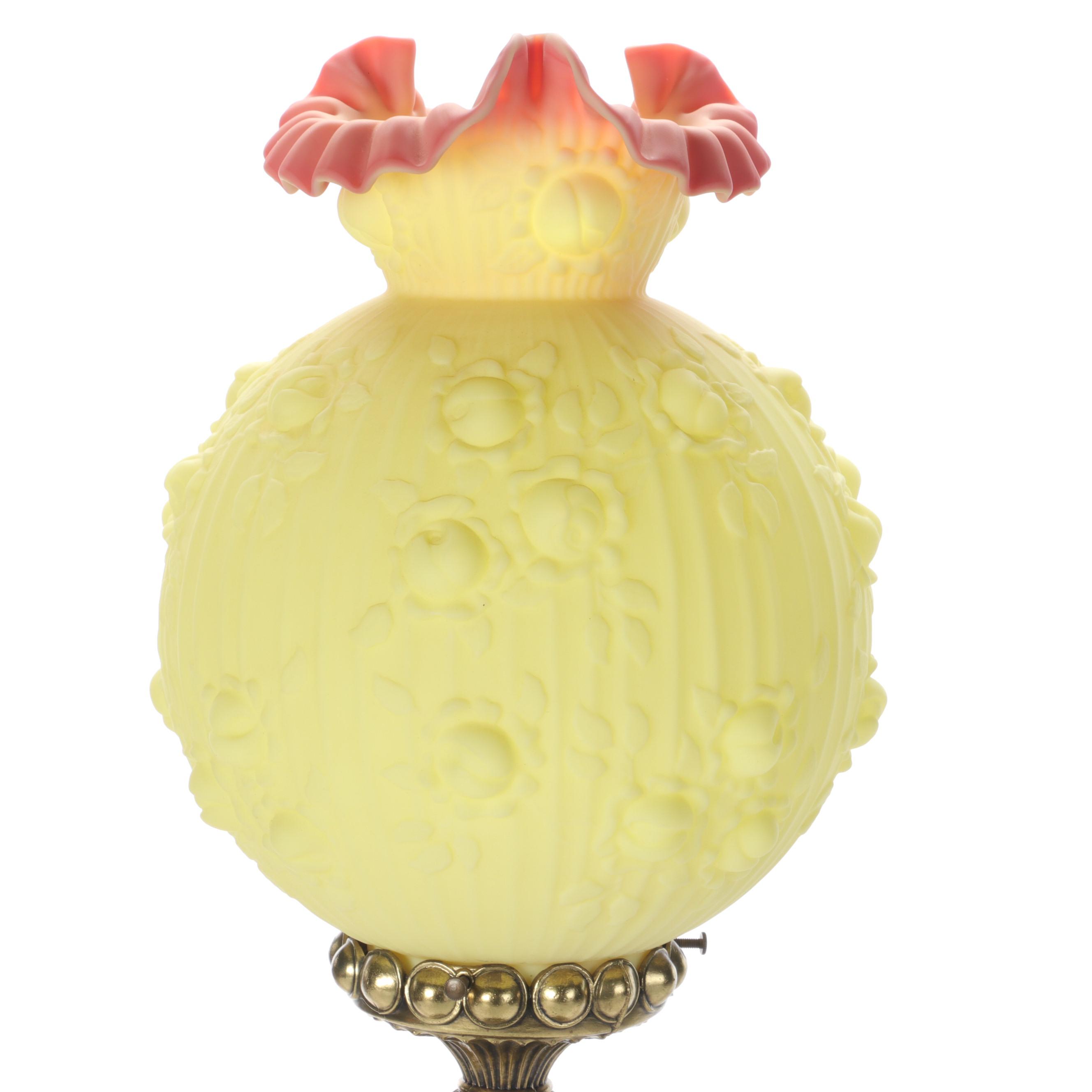 Fenton Burmese "Pressed Roses" Lampshade with Brass Candlestick Table Lamp