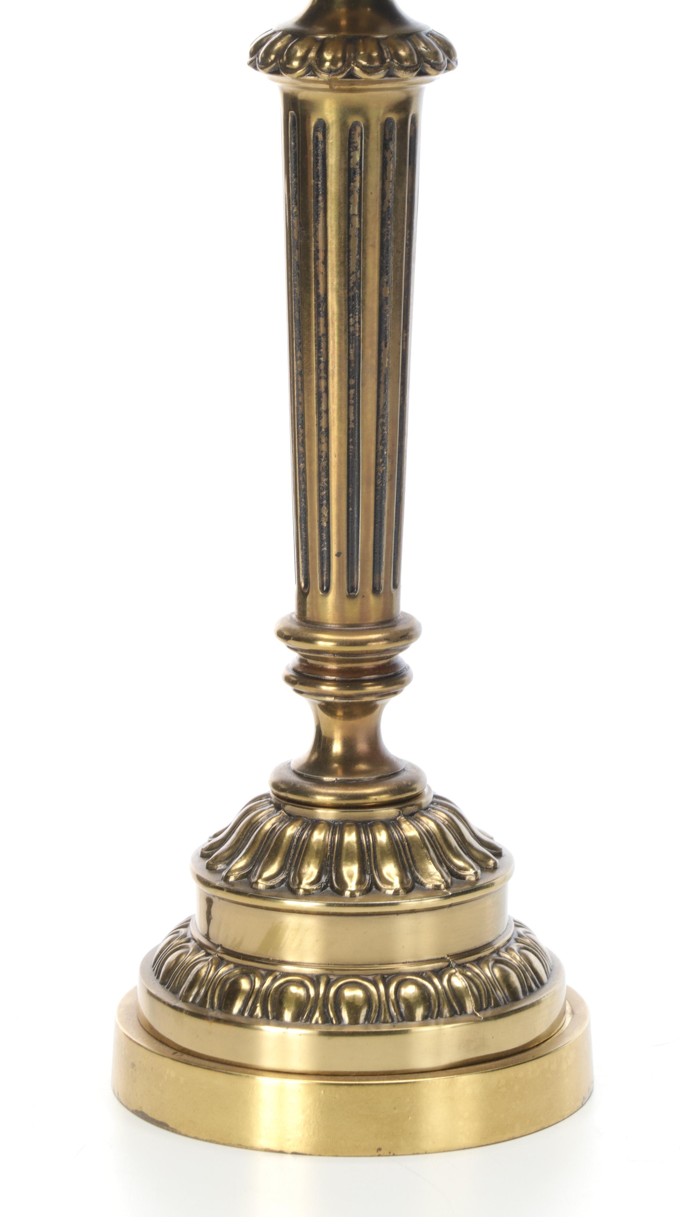 Fenton Burmese "Pressed Roses" Lampshade with Brass Candlestick Table Lamp